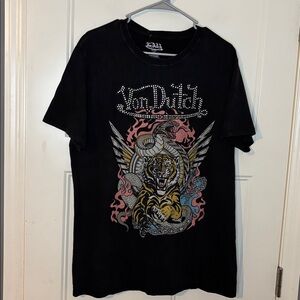 Von Dutch Tiger & Snake Sequined Distressed Black T-shirt